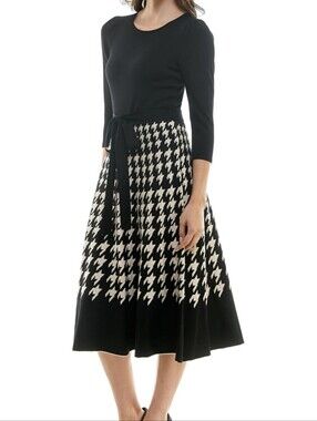 Maison Tara Midi Dress Black Cream Houndstooth Knit Sweater 3/4 Sleeve Size L